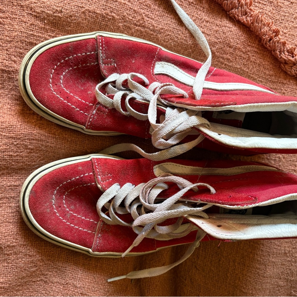 Vans Red and White High-Top Sneakers